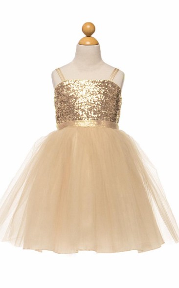 Knee-Length Spaghetti Tulle&Sequins Flower Girl Dress