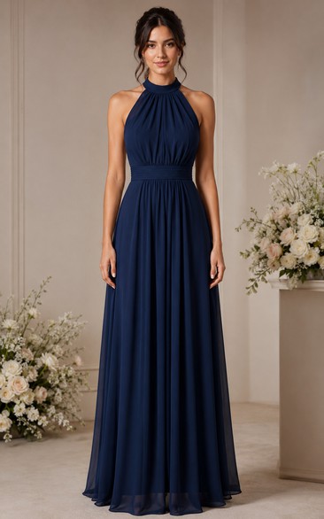 Dark Navy Chiffon Halter A-Line Bridesmaid Dress