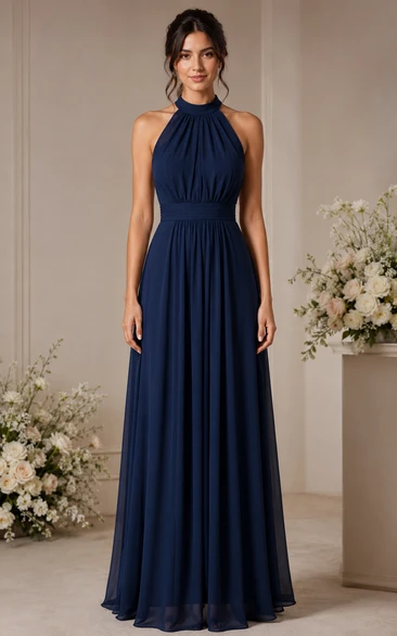 Dark Navy Chiffon Halter A-Line Bridesmaid Dress