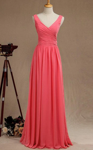 V Neck Criss Cross Top Pleated A-line Chiffon Long Dress With U Back