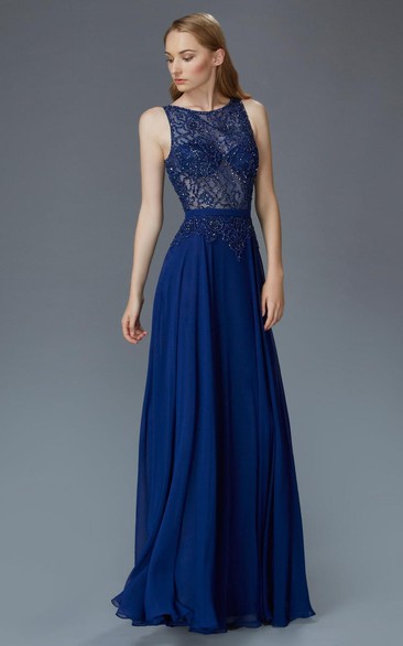 A-Line Long Scoop-Neck Sleeveless Chiffon Illusion Dress With Beading And Pleats