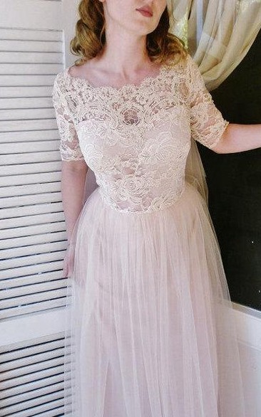Short Sleeve Lace-Bodice Tulle Dress With Scalloped Bateau Neck and Pleated Skirt