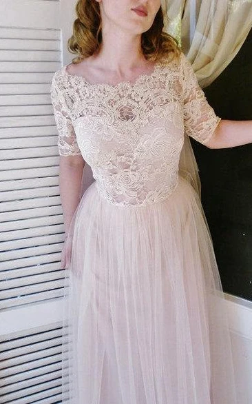 Short Sleeve Lace-Bodice Tulle Dress With Scalloped Bateau Neck and Pleated Skirt