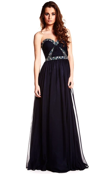 A-Line Sleeveless Beaded Sweetheart Floor-Length Chiffon Prom Dress With Backless Style