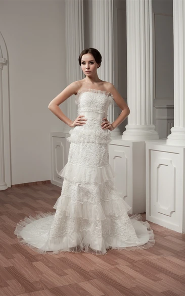 Strapless Ruffled A-Line Peplum and Gown With Lace
