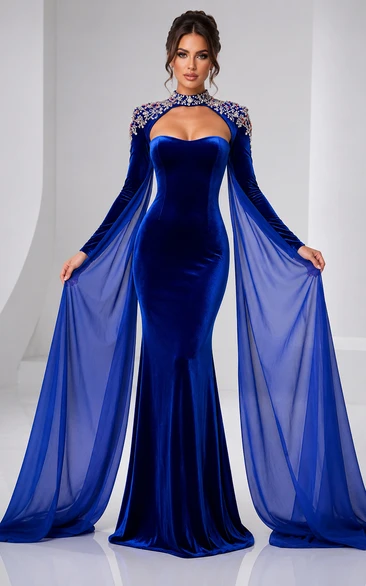 Royal Blue Velvet High Neck Mermaid Evening Dress with Sheer Cape Sleeves and Beaded Shoulders