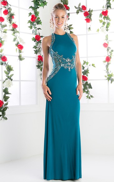 Sheath Jewel-Neck Sleeveless Jersey Backless Dress With Crystal Detailing