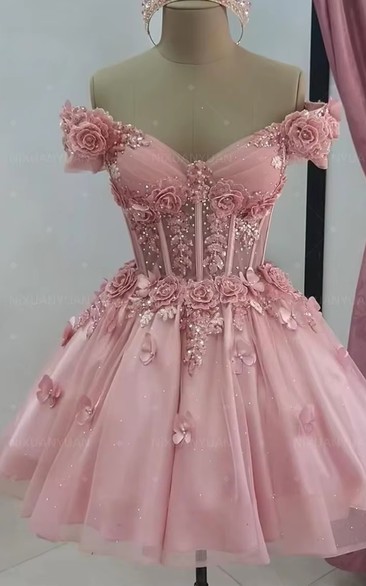 Pink Off-Shoulder Floral Sequined Mini Dress