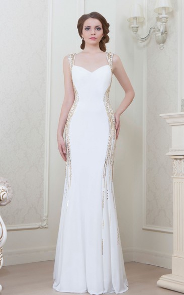 Sheath Beaded Sleeveless Maxi Jersey Prom Dress With Pleats