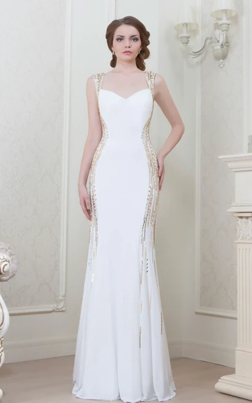 Sheath Beaded Sleeveless Maxi Jersey Prom Dress With Pleats