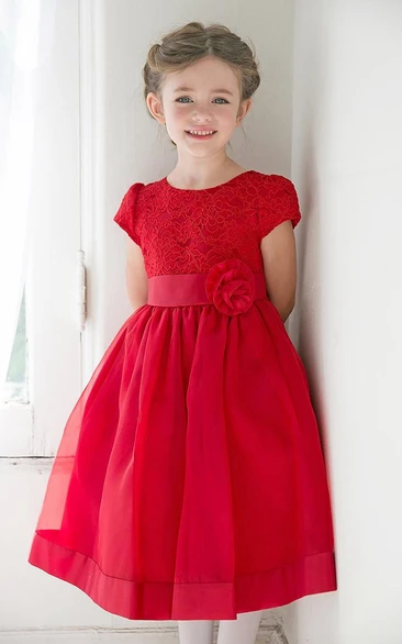 Tea-Length Floral Tiered Lace&Organza Flower Girl Dress With Ribbon
