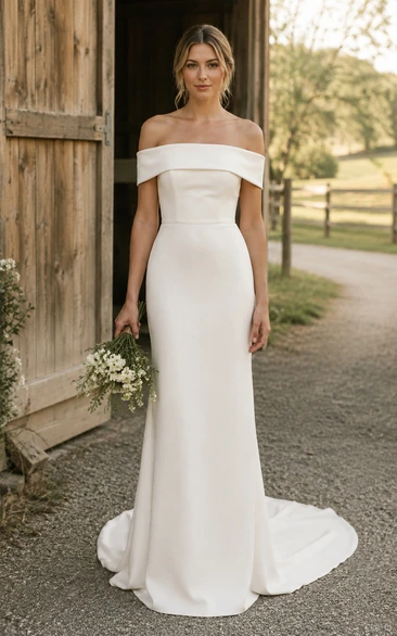 Country Off-the-shoulder Satin Sheath Wedding Dress