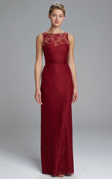 Sheath Sleeveless Appliqued Bateau Neck Lace Bridesmaid Dress With Keyhole
