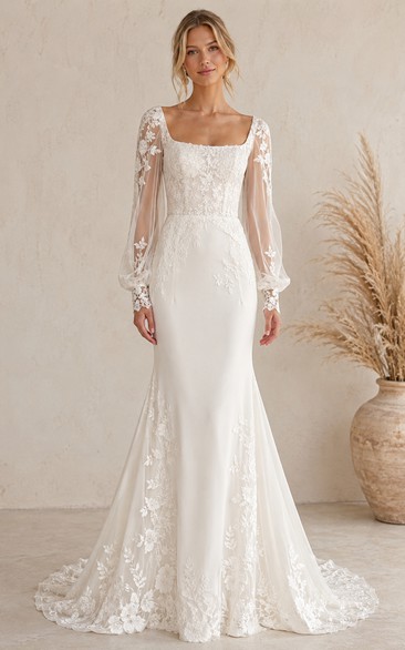 Mermaid Wedding Dress Long Sleeve Square Neck Tulle Lace Floor Length Sweep Train Ivory