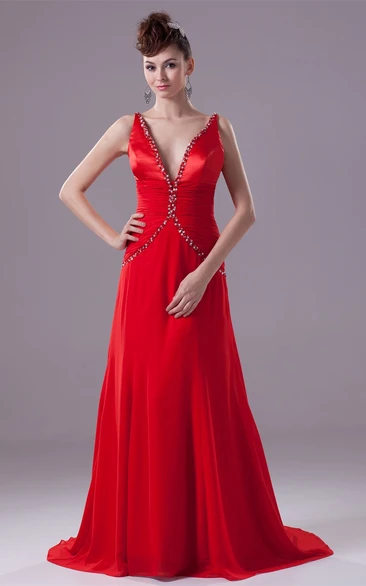 Deep-V-Neck Chiffon Floor-Length Sleeveless Ruching and Dress With Beading