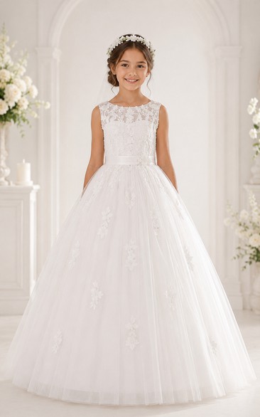 Sleeveless Lace Illusion White Tulle First Communion Ball Gown