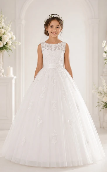 Sleeveless Lace Illusion White Tulle First Communion Ball Gown