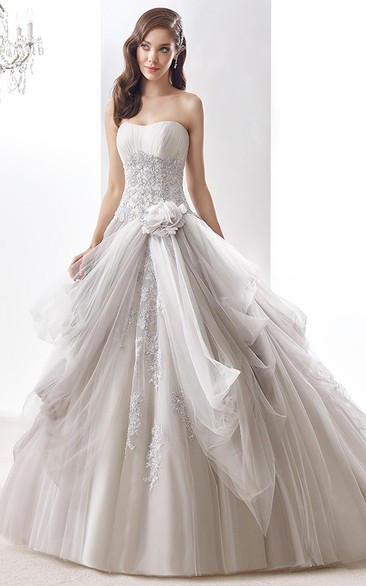 Strapless Beaded A-Line Ruching Bridal Gown With Floral Decoration And Pleated Bust