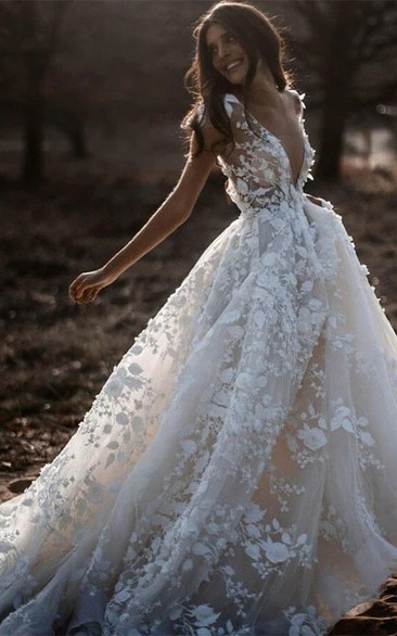 Country Cap Plunged Keyhole Empire A-line Boho Lace Applique Wedding Dress