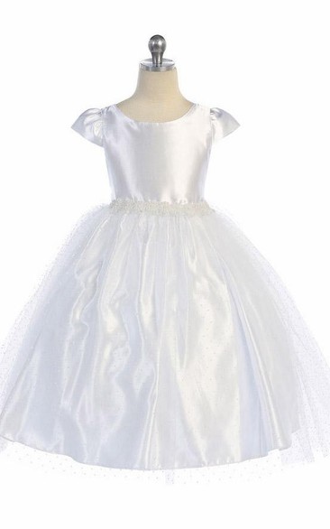 Tea-Length Beaded Cap-Sleeve Tulle&Satin Flower Girl Dress