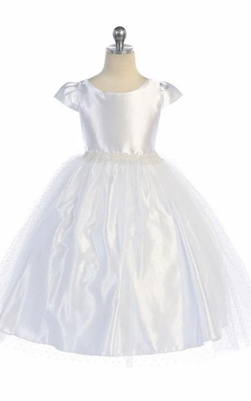 Tea-Length Beaded Cap-Sleeve Tulle&Satin Flower Girl Dress