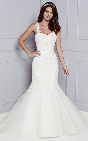 Mermaid Appliqued Strapped Floor-Length Sleeveless Tulle Wedding Dress