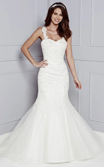 Mermaid Appliqued Strapped Floor-Length Sleeveless Tulle Wedding Dress