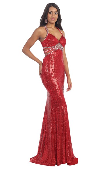 Pencil Floor-Length Straps Sleeveless Sequins Dress With Beading