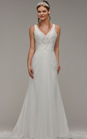 Sheath Beaded Floor-Length V-Neck Sleeveless Chiffon Wedding Dress With Ruching And Keyhole