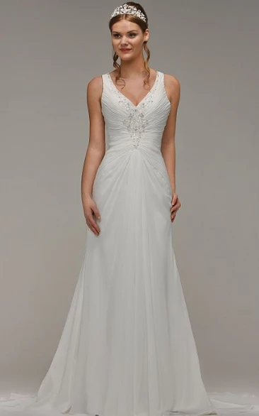 Sheath Beaded Floor-Length V-Neck Sleeveless Chiffon Wedding Dress With Ruching And Keyhole