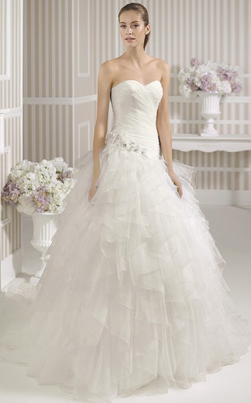 Ball Gown Ruffled Sweetheart Organza Wedding Dress With Criss Cross And Flower