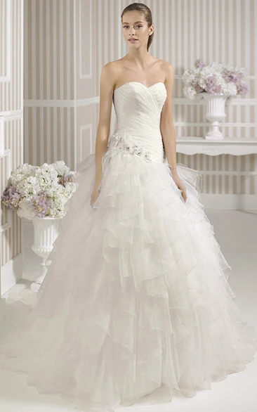 Ball Gown Ruffled Sweetheart Organza Wedding Dress With Criss Cross And Flower