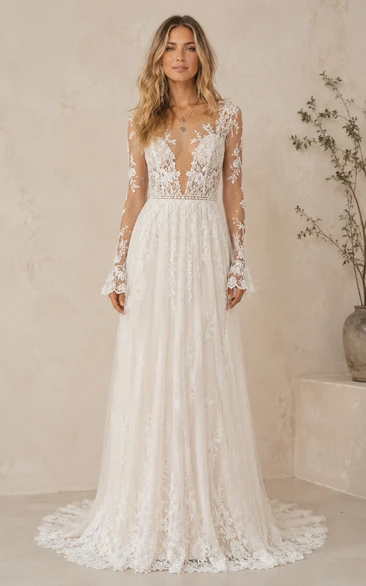 Boho A-Line Wedding Dress Long Sleeve V-Neck Tulle Lace Applique Floor Length Chapel Train Ivory