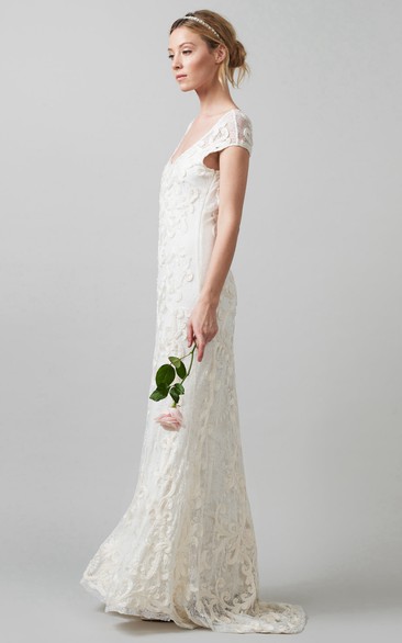 Sheath V-Neck Cap-Sleeve Lace Vintage Wedding Dress With Embroidery ...