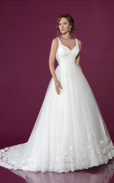 Long Straps Appliqued Tulle Wedding Dress With Chapel Train And V Back