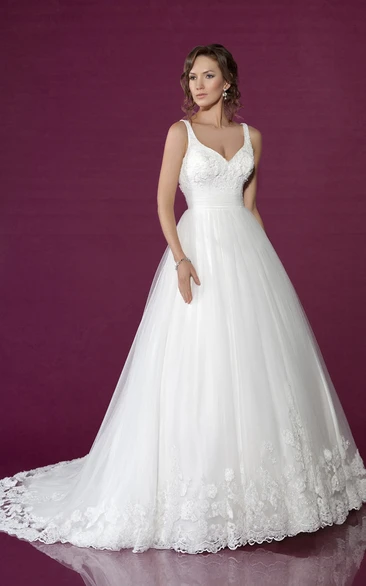 Long Straps Appliqued Tulle Wedding Dress With Chapel Train And V Back