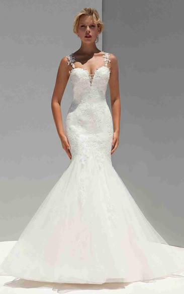 Mermaid Sleeveless Spaghetti Floor-Length Appliqued Tulle Wedding Dress