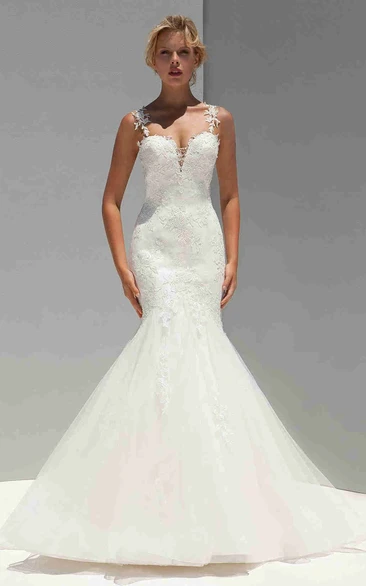 Mermaid Sleeveless Spaghetti Floor-Length Appliqued Tulle Wedding Dress
