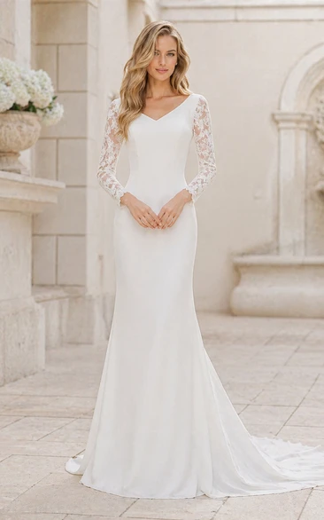 Country Style Vintage Modest Bohemian Lace Wedding Gown With Long Sleeves