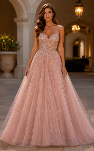 Tulle Prom Dress in Blushing Pink, Spaghetti Strap, Sweetheart Ball Gown Floor-Length Gown with Beading