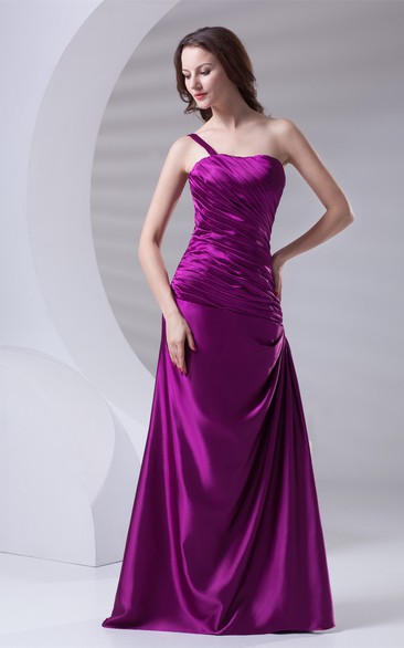 Satin A-Line Floor-Length Ruched Dress With Single-Strap Design