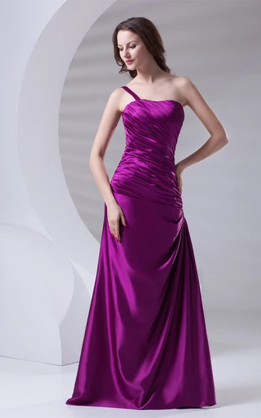 Satin A-Line Floor-Length Ruched Dress With Single-Strap Design