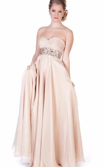 A-Line Criss-Cross Long Sweetheart Sleeveless Evening Dress With Waist Jewellery
