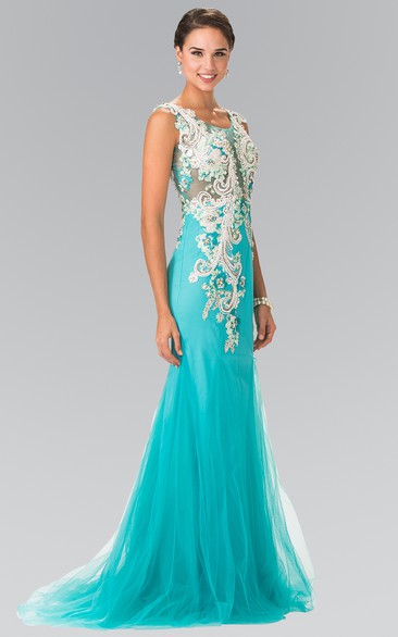 Sheath Scoop-Neck Tulle Illusion Dress With Appliques And Crystal Detailing