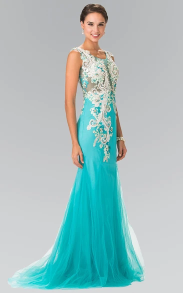 Sheath Scoop-Neck Tulle Illusion Dress With Appliques And Crystal Detailing