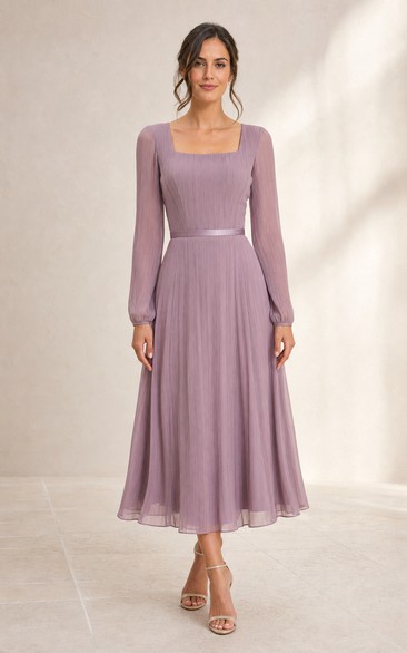 Mauve Square Neck Long Sleeve Chiffon Tea-Length Dress