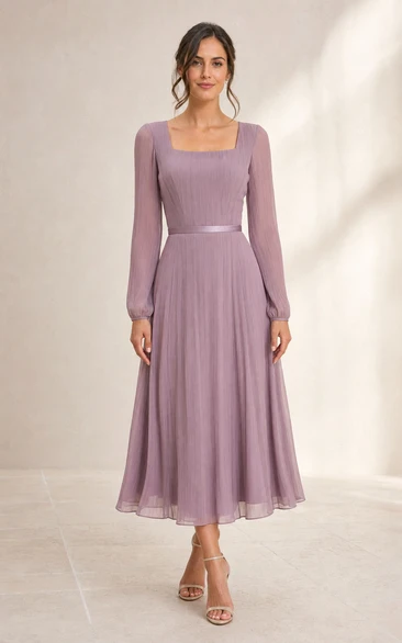 Mauve Square Neck Long Sleeve Chiffon Tea-Length Dress