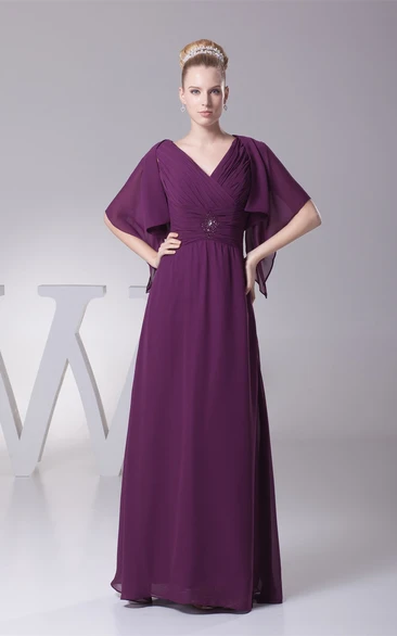 Plunged Chiffon Floor-Length Criss-Cross Bolero and Dress With Broach