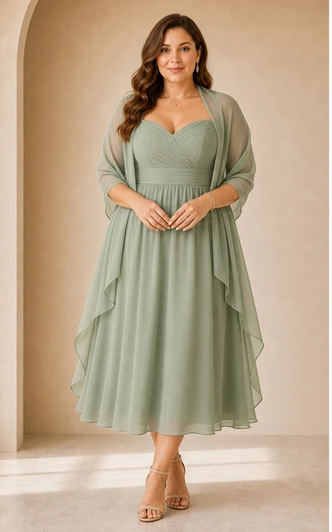 Plus Size Sage Chiffon Tea-Length A-Line Dress with Shawl Overlay