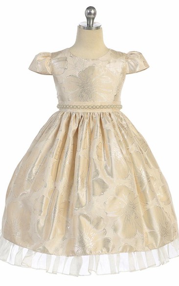 Tea-Length Cap-Sleeve Beaded Organza Flower Girl Dress With Ruffles